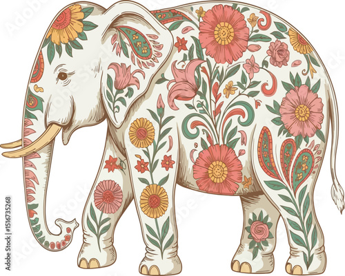 Illustration of an elephant with floral patterns covering its body in a detailed design