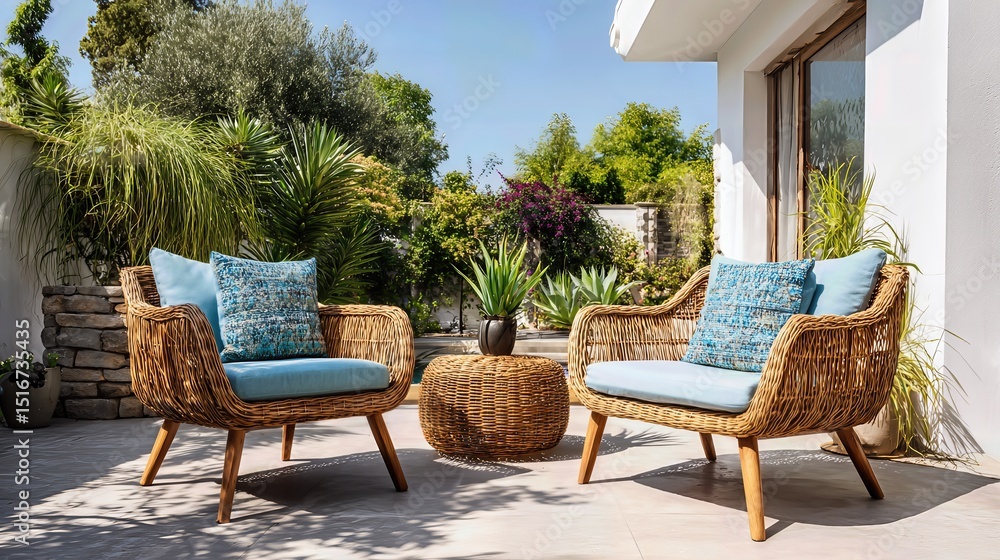 Obraz premium This modern terrace design with rattan furniture and soft blue accents invites calm, leisure, and stylish living. 