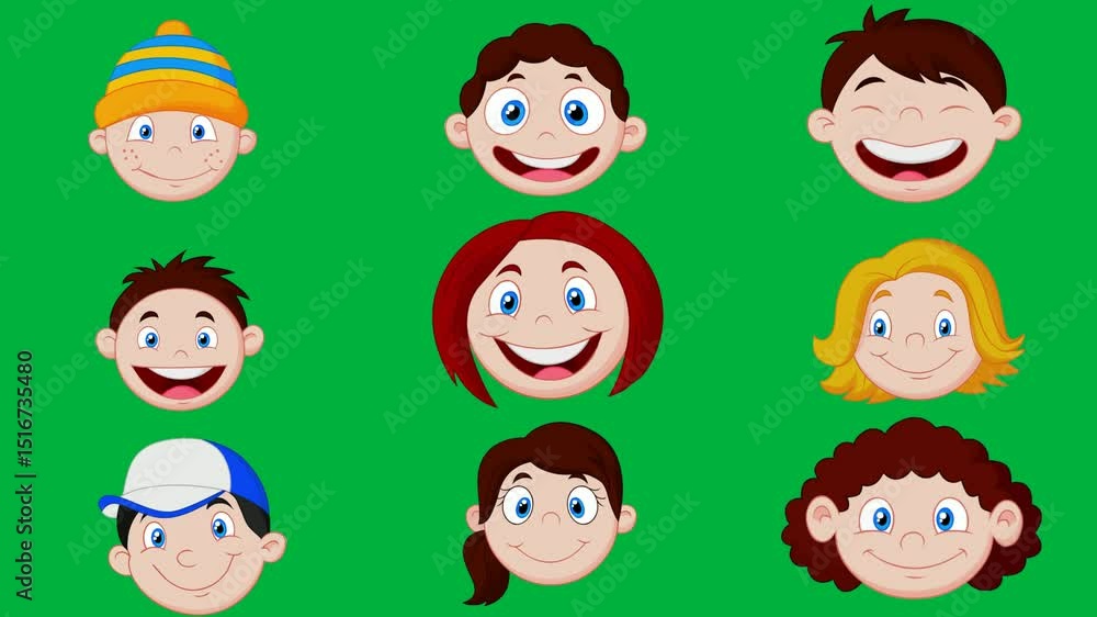 cartoon boy blue eyes yellow hat face green background girls blonde hair baseball cap his head brown red character woman green screen animated chromakey background. cartoon boy blue eyes yellow hat face green background girls blonde hair baseball cap his head brown red character woman green screen animated chromakey background.