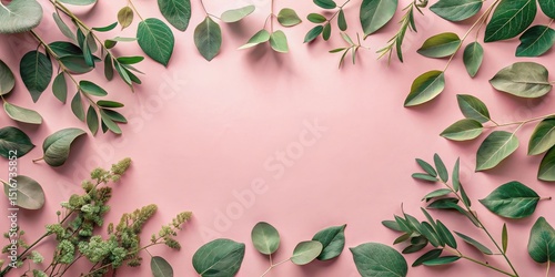 A delicate arrangement of various green leaves creates a vibrant frame against a soft pink background, ideal for showcasing a message or design.