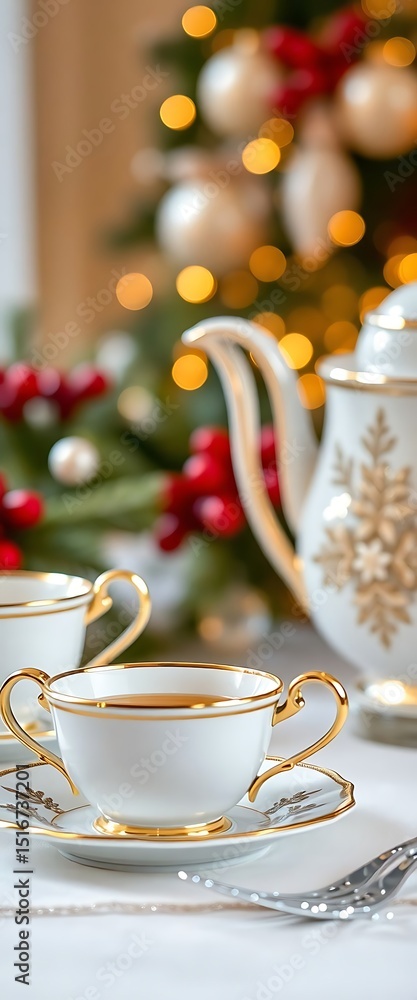 Fototapeta premium white and gold tea set with a christmas tree in the background