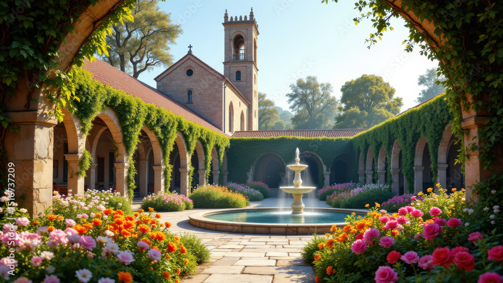 Naklejka premium Gorgeous view of a Christian church courtyard with an old fountain at the center.