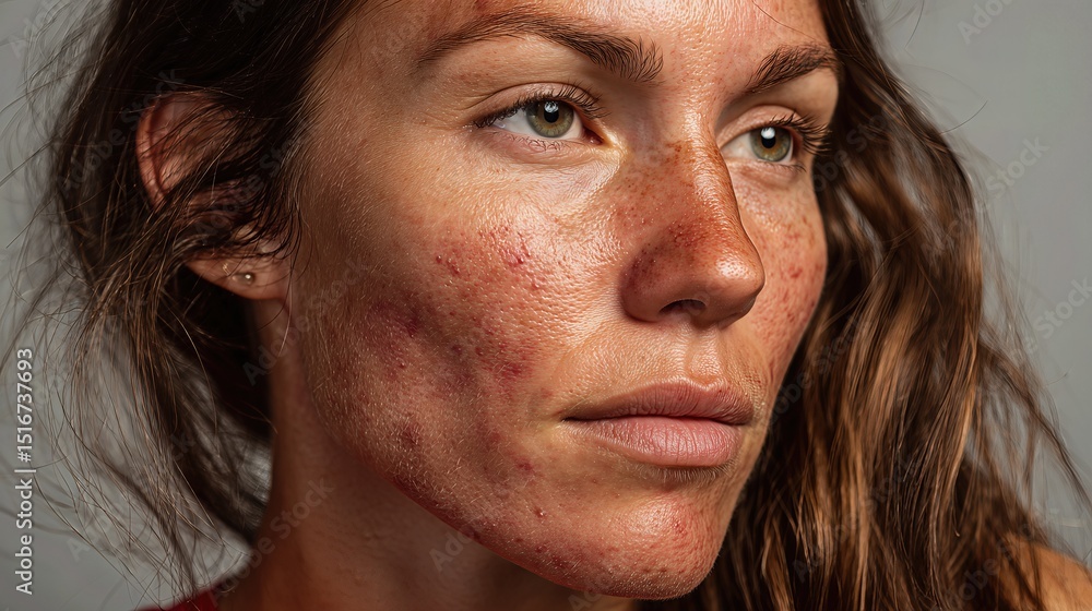 A close-up of a woman’s face reveals red, irritated patches and rash marks—visible signs of lupus highlighting the need for specialized skin care.
A close-up of a woman’s face reveals red, irritated patches and rash marks—visible signs of lupus highlighting the need for specialized skin care.