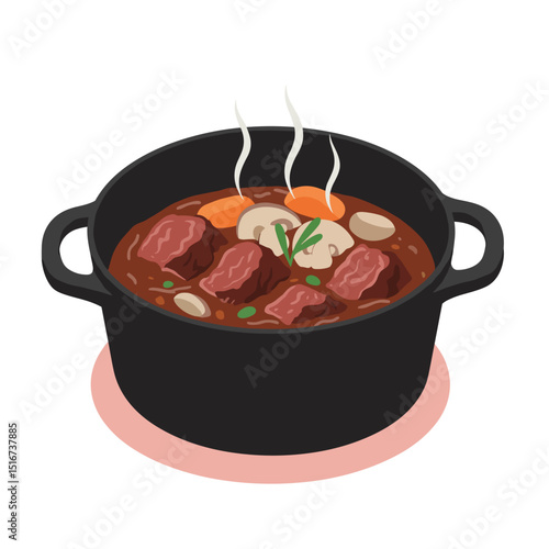 Beef bourguignon in cast iron pot with steam and vegetables  