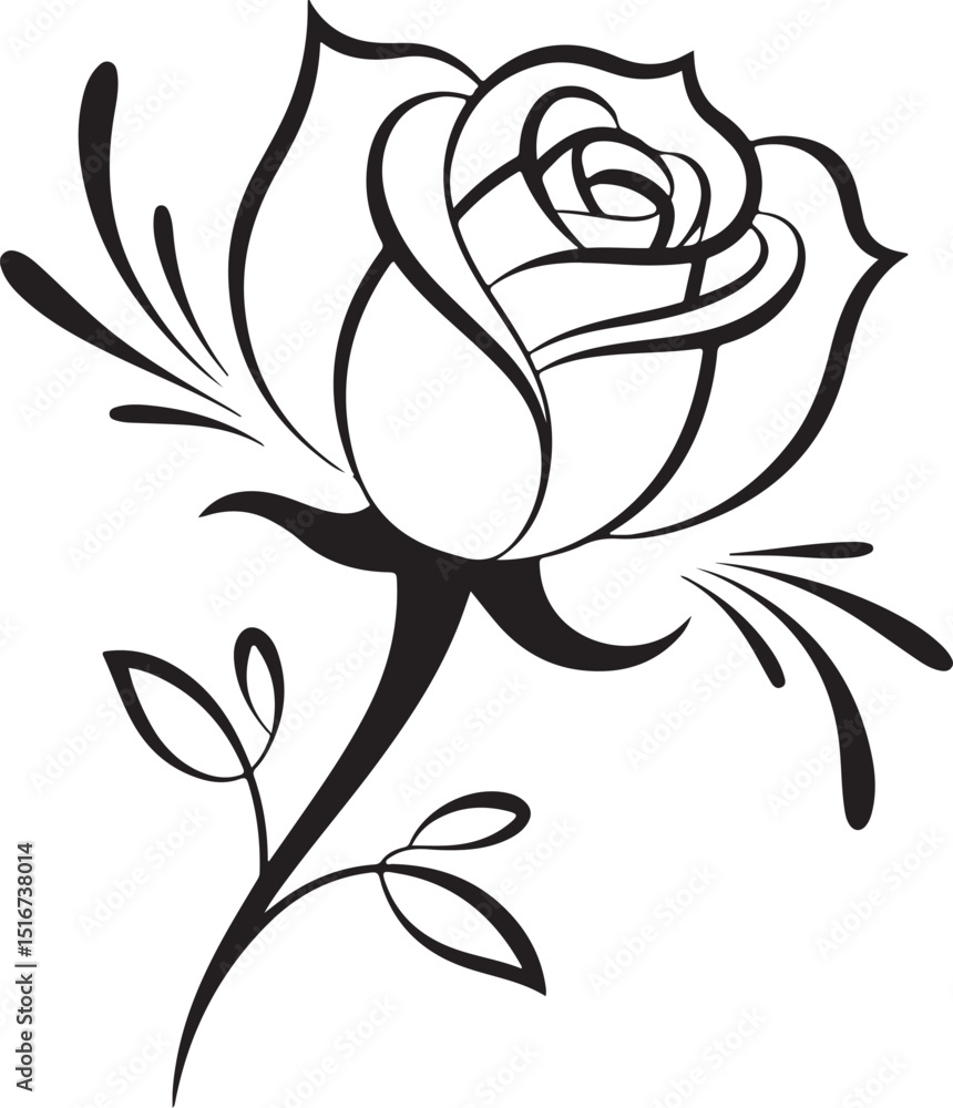 Obraz premium stylized Rose Flower Silhouette – Decorative Floral Vector Design | Elegant Black and White Outline of a Rose Illustration