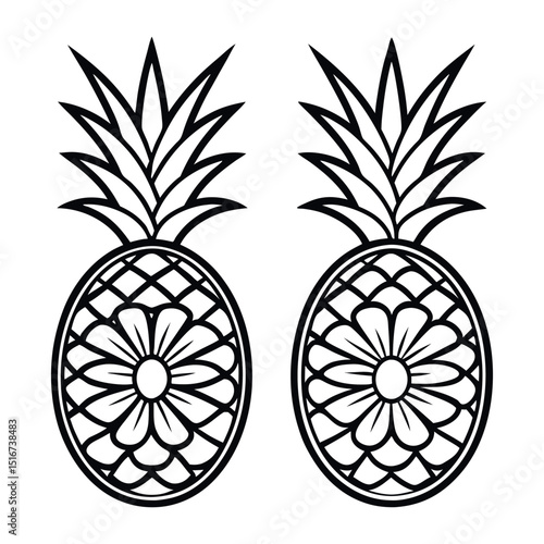 Two detailed pineapple outlines with floral patterns are ideal for coloring pages, craft projects, or decorative designs with a tropical or summer theme.