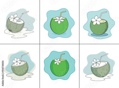 Six animated illustrations of young green coconuts with straws and a plumeria flower, depicting refreshing tropical drinks.