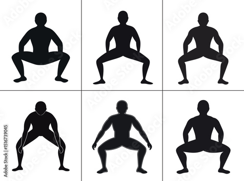 Six black silhouettes of a person performing a sumo squat exercise, demonstrating various stages or forms of the movement.