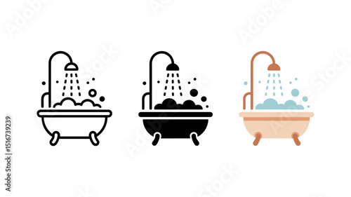 Bath and Shower Icon: A set of icon showcases a bathtub with a showerhead, water, and bubbles, symbolizing relaxation and hygiene in a minimalistic graphic design.