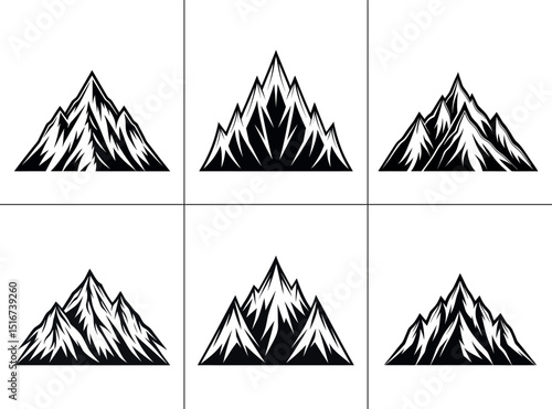 Six distinct black and white illustrations of mountain ranges, ideal for logos or outdoor-themed designs.