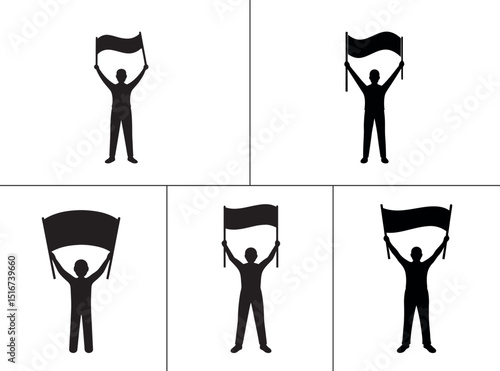 Five black silhouettes of a person holding a blank flag above their head, suitable for protest, celebration, or advocacy.