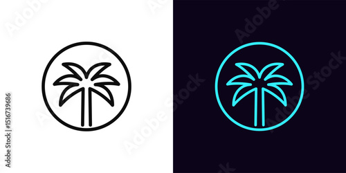 Outline palm tree icon, round logo with editable stroke. Coconut palm tree inside circle, tropical oasis icon. Exotic palm island, tropical paradise, summer holiday and vacation, resort. Vector icon