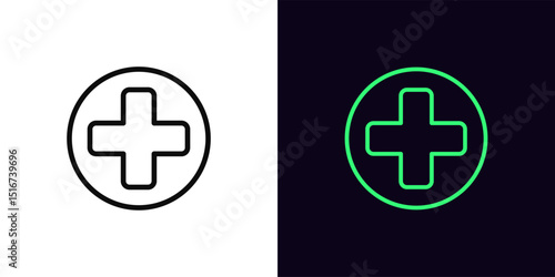 Outline medical cross icon, with editable stroke. Medical cross in circle, first aid icon. Healthcare cross, medicine business, hospital, medical center, pharmacy sign, clinic and doctor. Vector icon