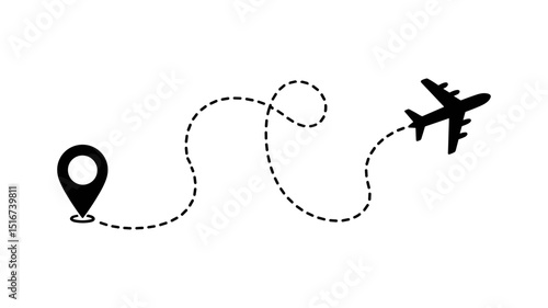 Journey's Map: A conceptual representation of travel, where a dotted line traces a journey from a pin to an aircraft, symbolizing the path of a flight and the destination ahead.