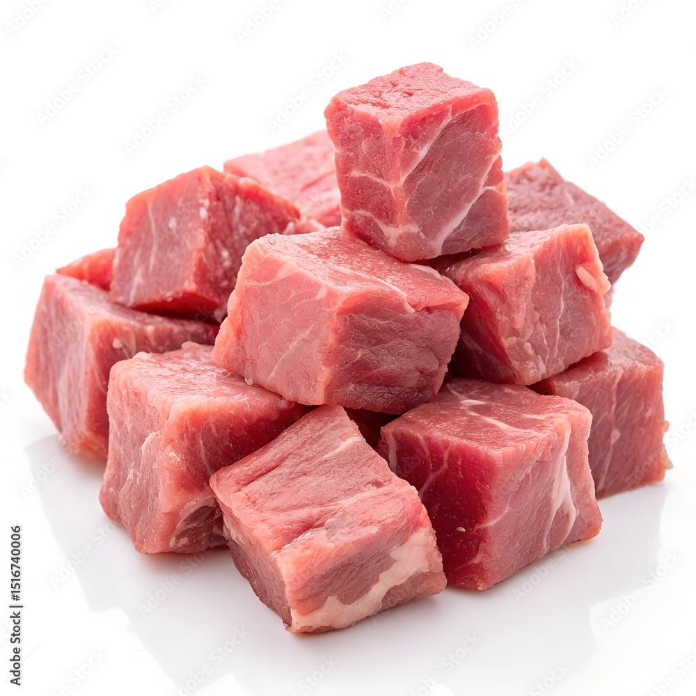 Close-up of fresh, raw beef cubes ready for cooking, isolated on white background Close-up of fresh, raw beef cubes ready for cooking, isolated on white background