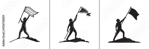 Three black silhouettes of a person triumphantly standing on a peak, raising a flag, symbolizing victory, achievement, and leadership.