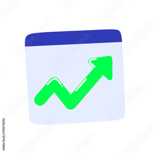 Chart with green arrow trending upward, representing growth, success, performance, business analytics, or financial increase