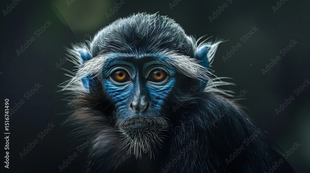 Obraz premium Close-up portrait of a tufted blue monkey with expressive eyes on a blurred dark background.