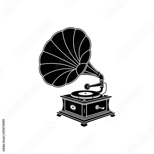 Vintage Gramophone Silhouette: A classic vintage gramophone, rendered in a stylish silhouette. The elegant design of this timeless music device evokes nostalgia for a bygone era.