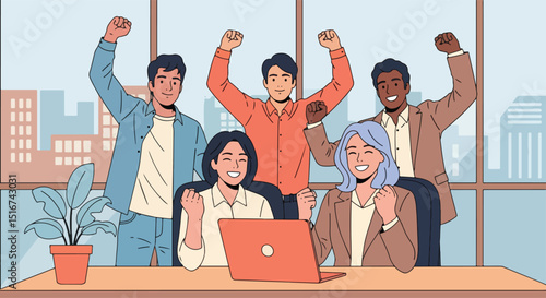 Adobe Illustrator Artwork Flat vector illustration of a triumphant and diverse business team celebrating success with raised fists around a laptop. Emphasizes teamwork and achieving business goals