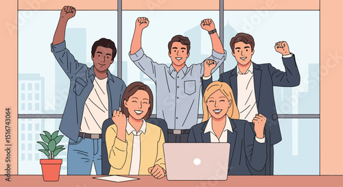 Adobe Illustrator Artwork Flat vector illustration of a triumphant and diverse business team celebrating success with raised fists around a laptop. Emphasizes teamwork and achieving business goals