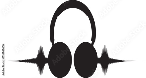 Black silhouette of headphones integrated with sound wave on white background