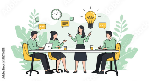 Adobe Illustrator Artwork flat vector illustration of a diverse business team brainstorming ideas around a table with a glowing lightbulb. Emphasizes teamwork and business innovation