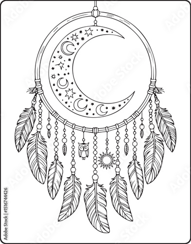 Dream catcher beautiful decoration doodle vector outline illustration coloring page, tattoo and other design for adults and kids