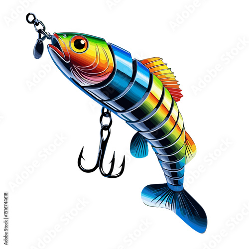 Close-up of vibrant fish-shaped lure with detailed hooks on clean background