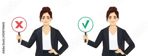 Elegant business young woman wearing black suit showing right and wrong sign. Vector illustration isolated