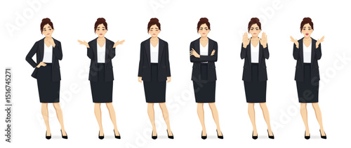 Elegant business young woman wearing black suit in different poses. Negative emotions set. Isolated vector illustration