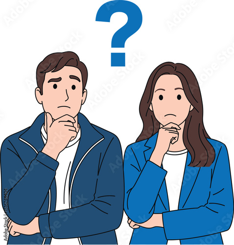 Business colleagues pondering under a question mark reflecting uncertainty and doubt in solutions