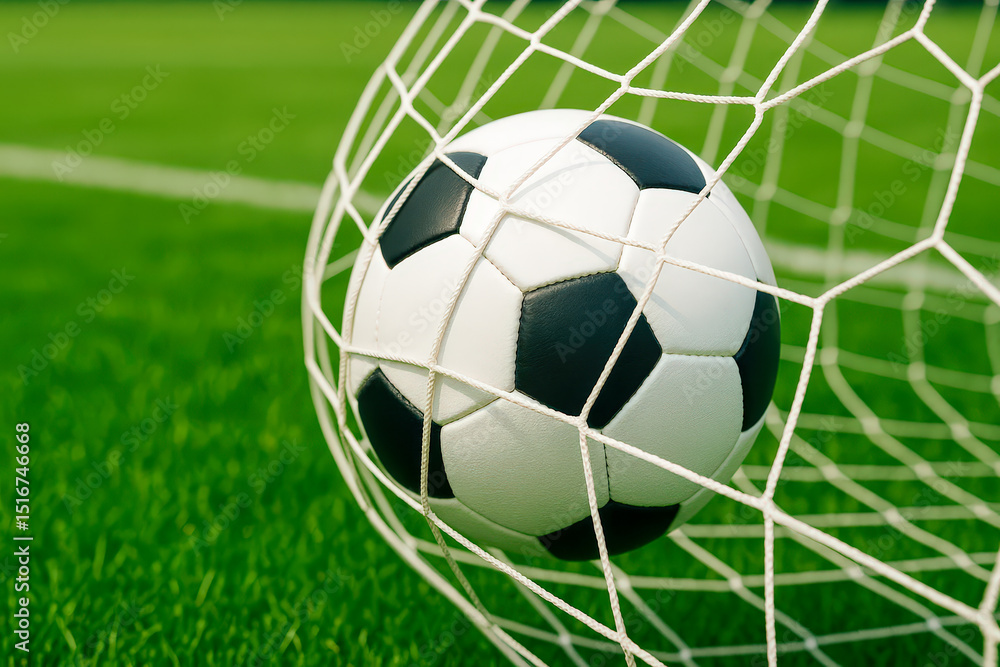 Obraz premium Soccer Ball in Net on Green Field