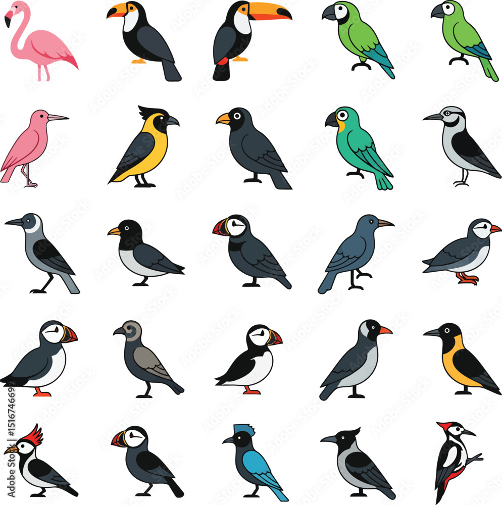 Obraz premium Assortment of cartoon birds featuring toucans parrots puffins and other exotic species collection