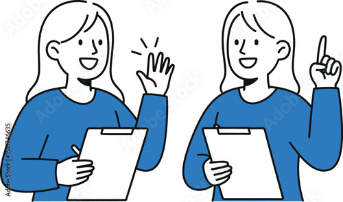 Happy woman holding a clipboard gesturing with her hand in two different poses