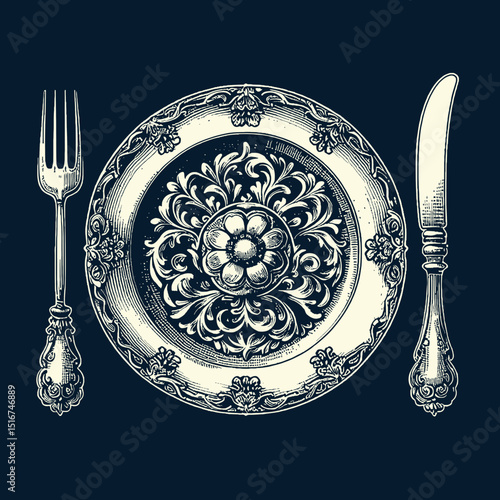 Ornate vintage plate with fork and knife on dark background  