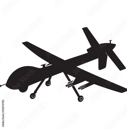 Black silhouette of military drone. Top, front and side view. Army aircraft for intelligence and attack. Industrial isolated drawing, Bayraktar TB2, MQ-9, TAI Aksungur, Falco.