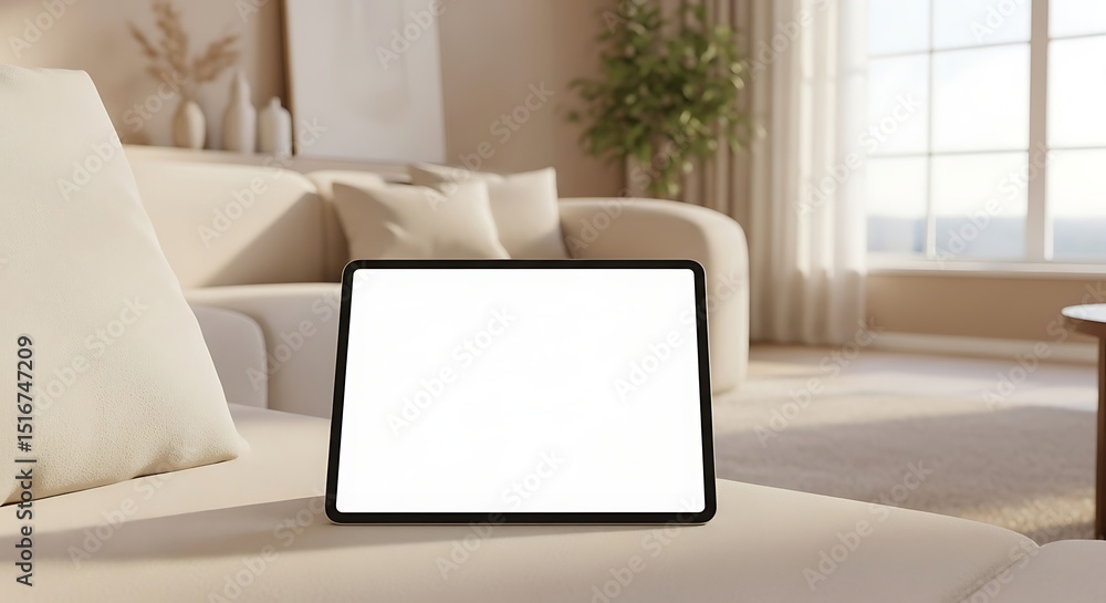 Fototapeta premium Tablet Mockup with Blank Screen on Cozy Couch in Home Interior