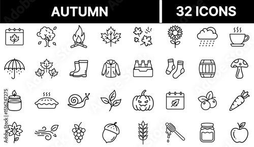 Autumn Icon Set Representing Fall Foliage, Seasonal Changes, Harvest, and Cozy Outdoor Elements