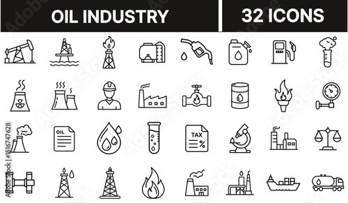 Oil Industry Icon Set Representing Petroleum Extraction, Fuel Production, Refinery, and Energy Resources