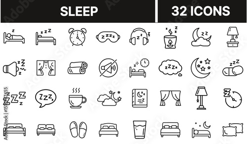 Sleep Icon Set Representing Rest, Nighttime, Bedtime, and Relaxation Concepts