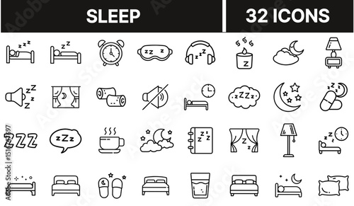 Sleep Icon Set Representing Rest, Nighttime, Bedtime, and Relaxation Concepts