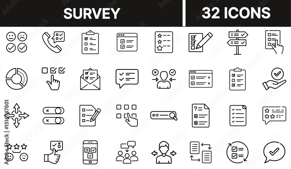 Fototapeta premium Survey Icon Set Representing Questionnaire, Feedback Form, Poll, and Data Collection Concepts