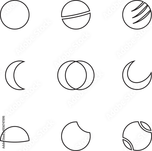 Minimalist abstract moon phase and planet icons in line style. Ideal for astronomy apps, space designs, or modern scientific and tech user interfaces. Editable stroke icons.
