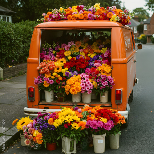 Vibrant Flower Van: A Colorful Floral Delivery Scene