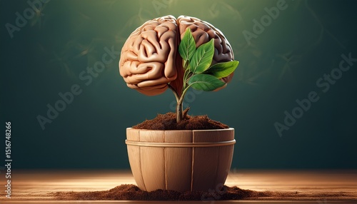 a brain growing like a plant from a wooden pot filled with soil art concept