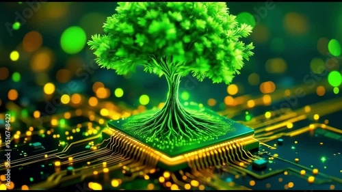 Sustainable Technology: A Green Tree Growing from a CPU Chip