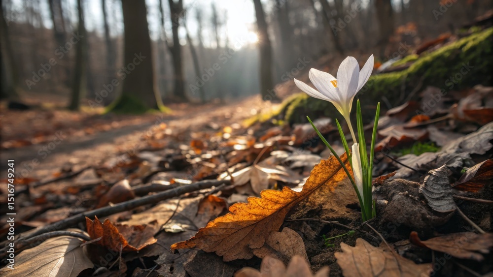 Obraz premium Single white flower blooming on forest floor amidst autumn leaves 