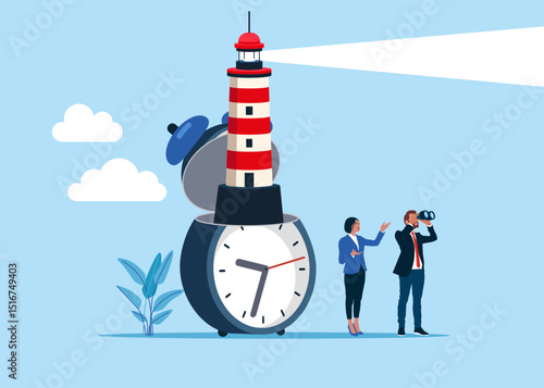 Open clock to see lighthouse. Lighthouse on hours looking for future vision. World economic vision for business, technology or investment. Value increases over time. Vector illustration 