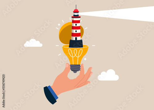 Open lightbulb to see lighthouse. Opportunities for strategic vision, business thinking. Modern vector illustration in flat style. 
